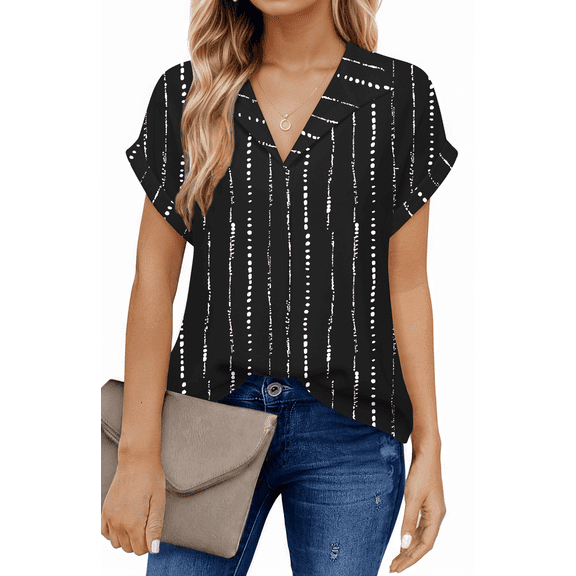 UVN Blouses for Women Summer Short Sleeve Work Shirts Dressy Casual V Neck Print Tops