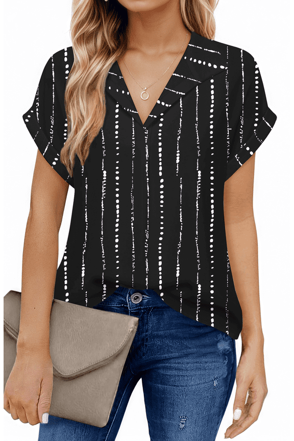 Blouses for Women Summer Short Sleeve Work Shirts Dressy Casual V Neck Print Tops