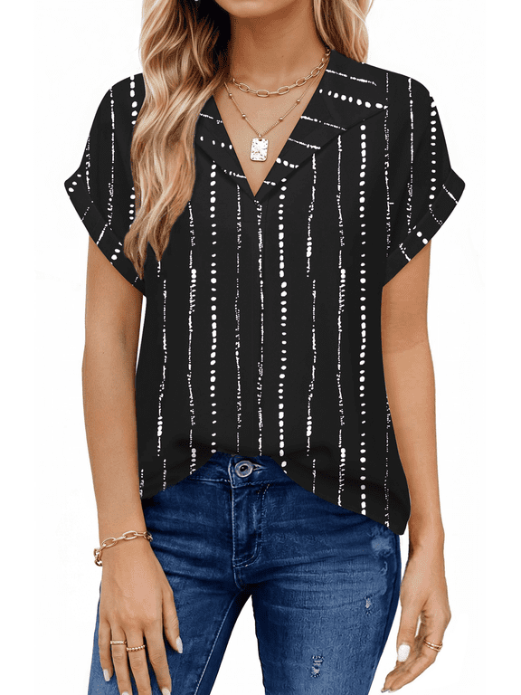 Blouses for Women Summer Short Sleeve Work Shirts Dressy Casual V Neck Print Tops