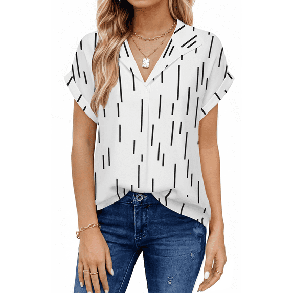 UVN Blouses for Women Summer Short Sleeve Work Shirts Dressy Casual V Neck Print Tops