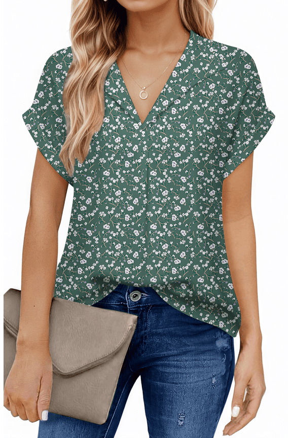 Blouses for Women Summer Short Sleeve Work Shirts Dressy Casual V Neck Print Tops
