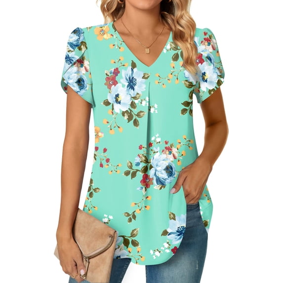 UVN Blouses for Women Summer V Neck Shirt Flowy Short Sleeve Tunic Tops
