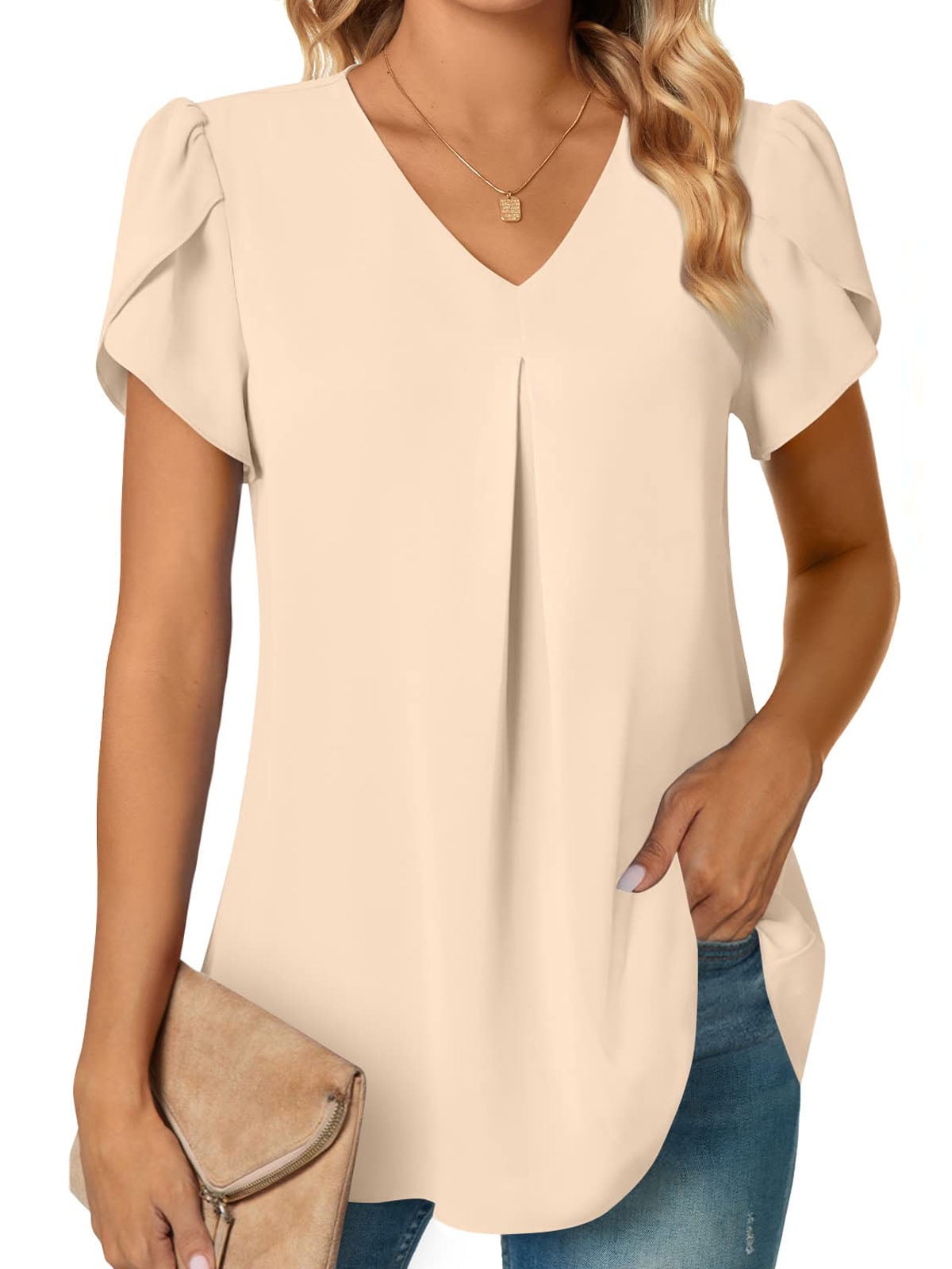 UVN Blouses for Women Summer V Neck Shirt Flowy Short Sleeve Tunic Tops ...