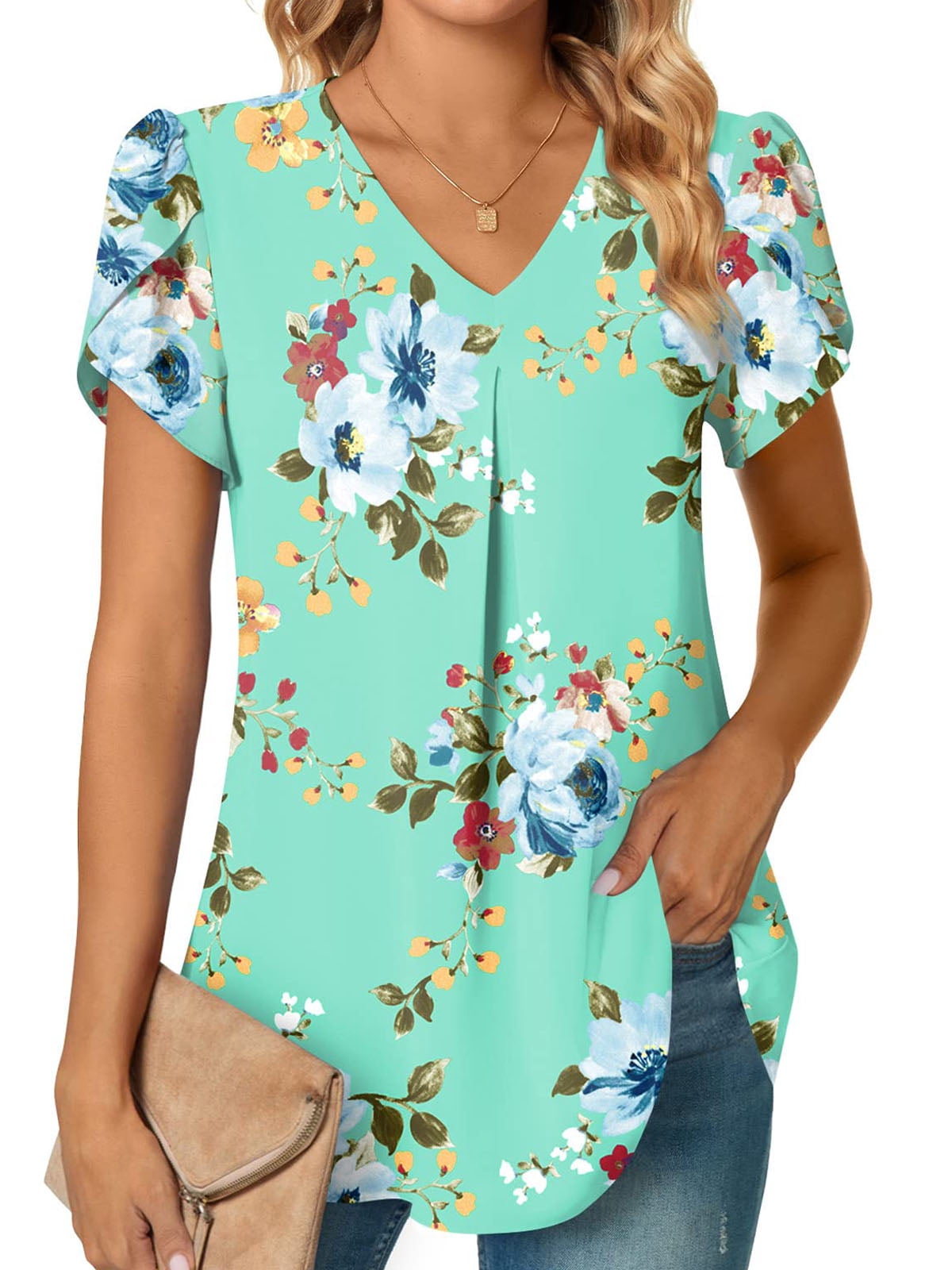 UVN Blouses for Women Summer V Neck Shirt Flowy Short Sleeve Tunic Tops ...