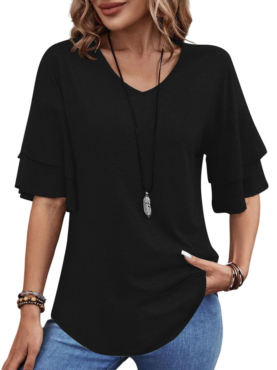UVN Blouses for Women V Neck Half Bell Sleeve Shirts Summer Ladies ...