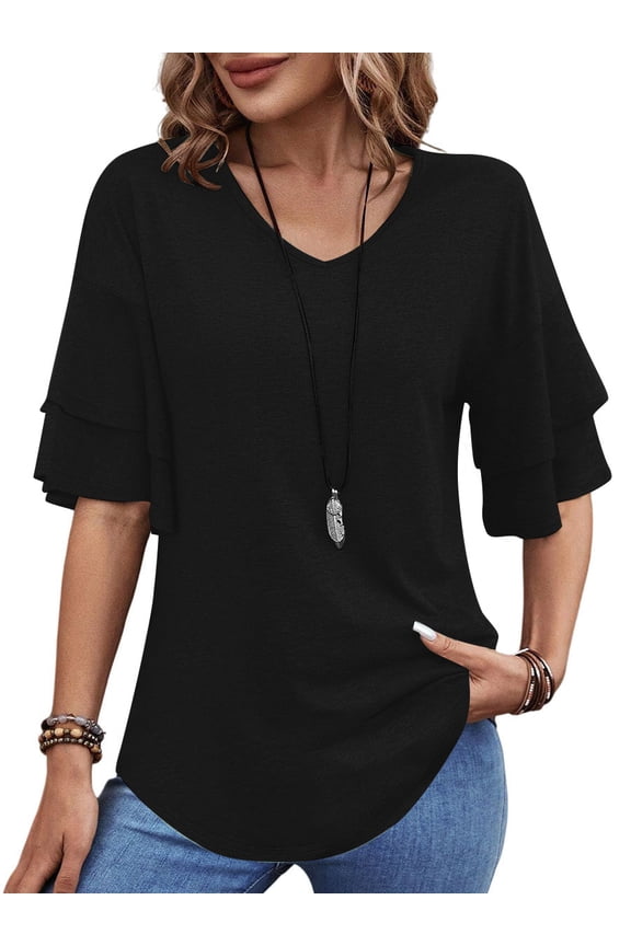 Blouses for Women V Neck Half Bell Sleeve Shirts Summer Ladies Casual Flowy Tunic Tops