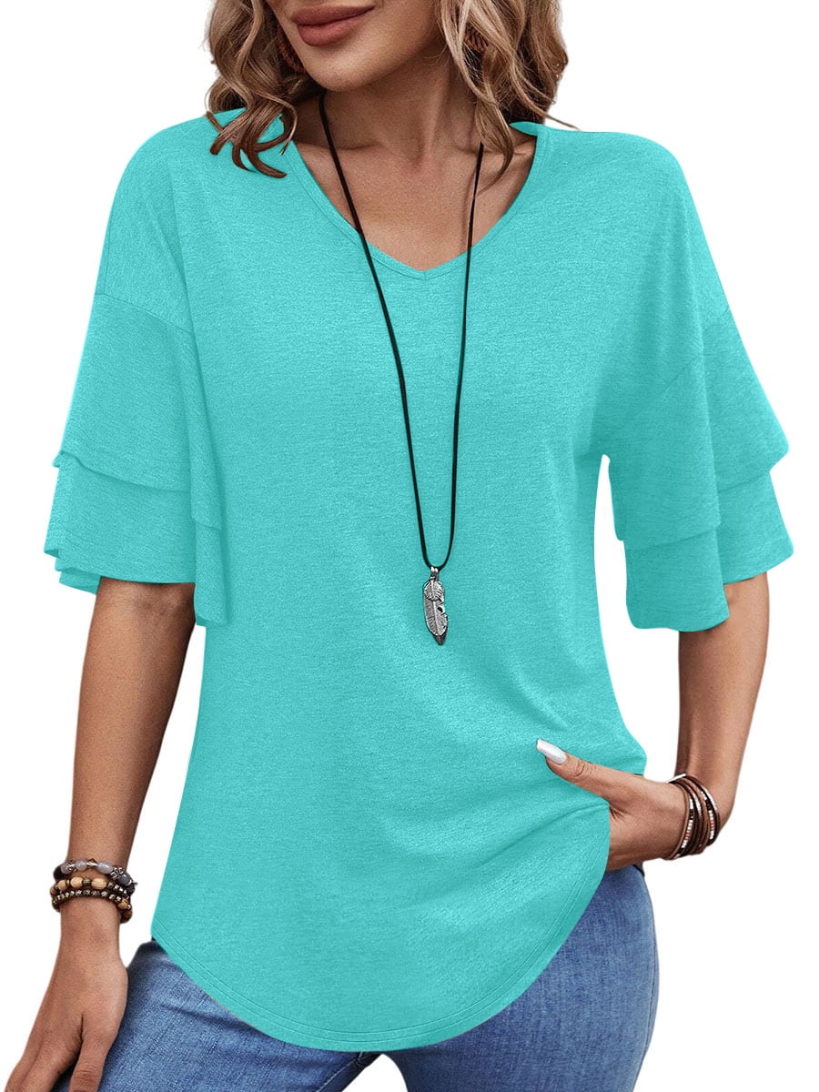 UVN Blouses for Women V Neck Half Bell Sleeve Shirts Summer Ladies ...