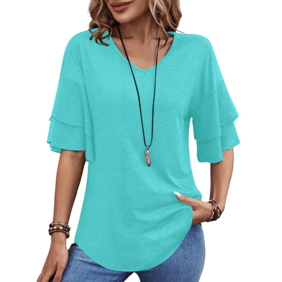 UVN Blouses for Women V Neck Half Bell Sleeve Shirts Summer Ladies Casual Flowy Tunic Tops