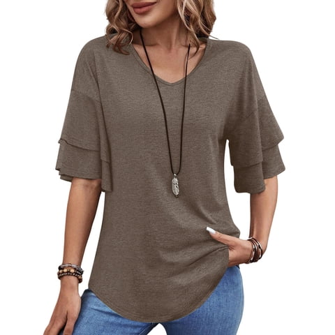 Blouses for Women V Neck Half Bell Sleeve Shirts Summer Ladies Casual Flowy Tunic Tops