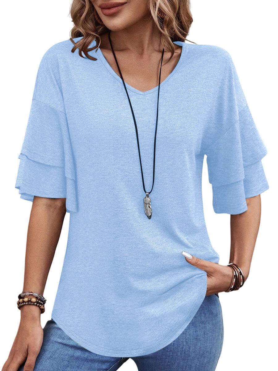 UVN Blouses for Women V Neck Half Bell Sleeve Shirts Summer Ladies ...