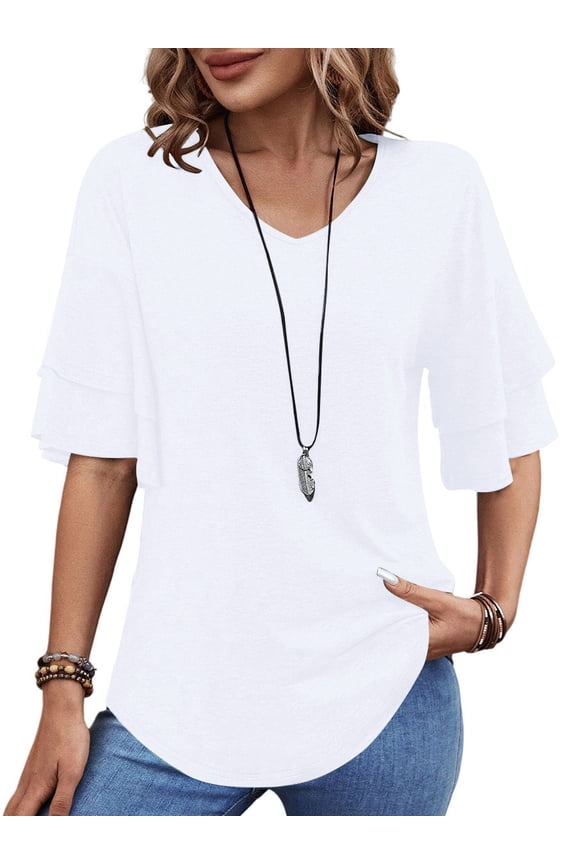Blouses for Women V Neck Half Bell Sleeve Shirts Summer Ladies Casual Flowy Tunic Tops