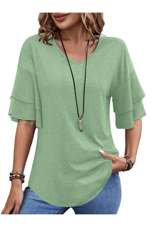 Blouses for Women V Neck Half Bell Sleeve Shirts Summer Ladies Casual Flowy Tunic Tops