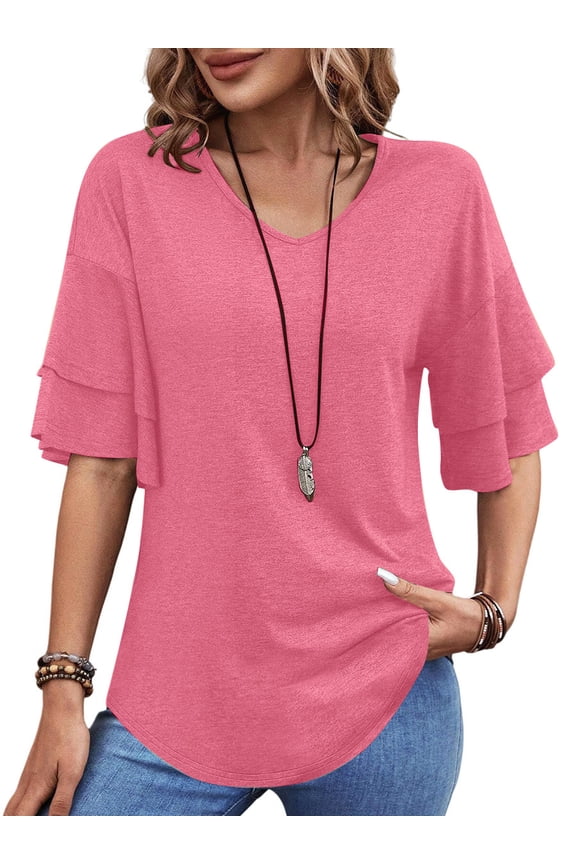 Blouses for Women V Neck Half Bell Sleeve Shirts Summer Ladies Casual Flowy Tunic Tops