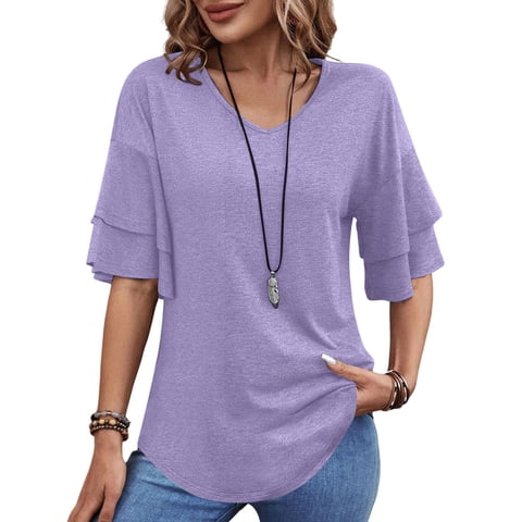 Blouses for Women V Neck Half Bell Sleeve Shirts Summer Ladies Casual Flowy Tunic Tops