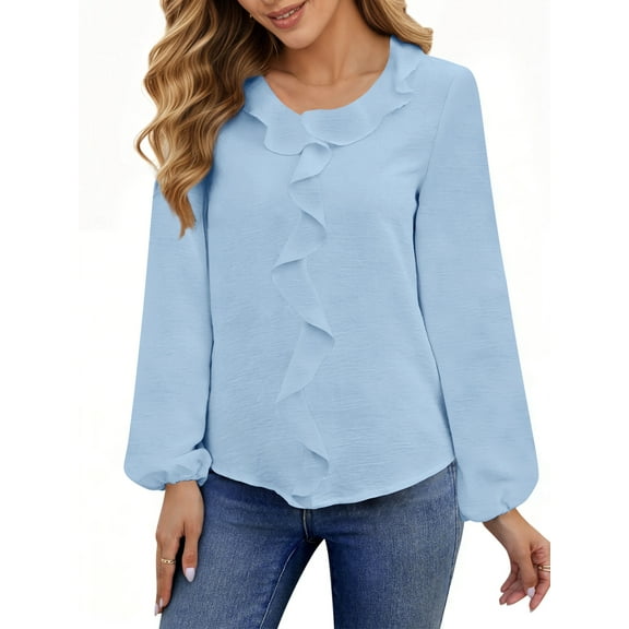 UVN Blouses for Women V Neck Long Sleeve Shirts Dressy Casual Ruffle Chiffon Tops