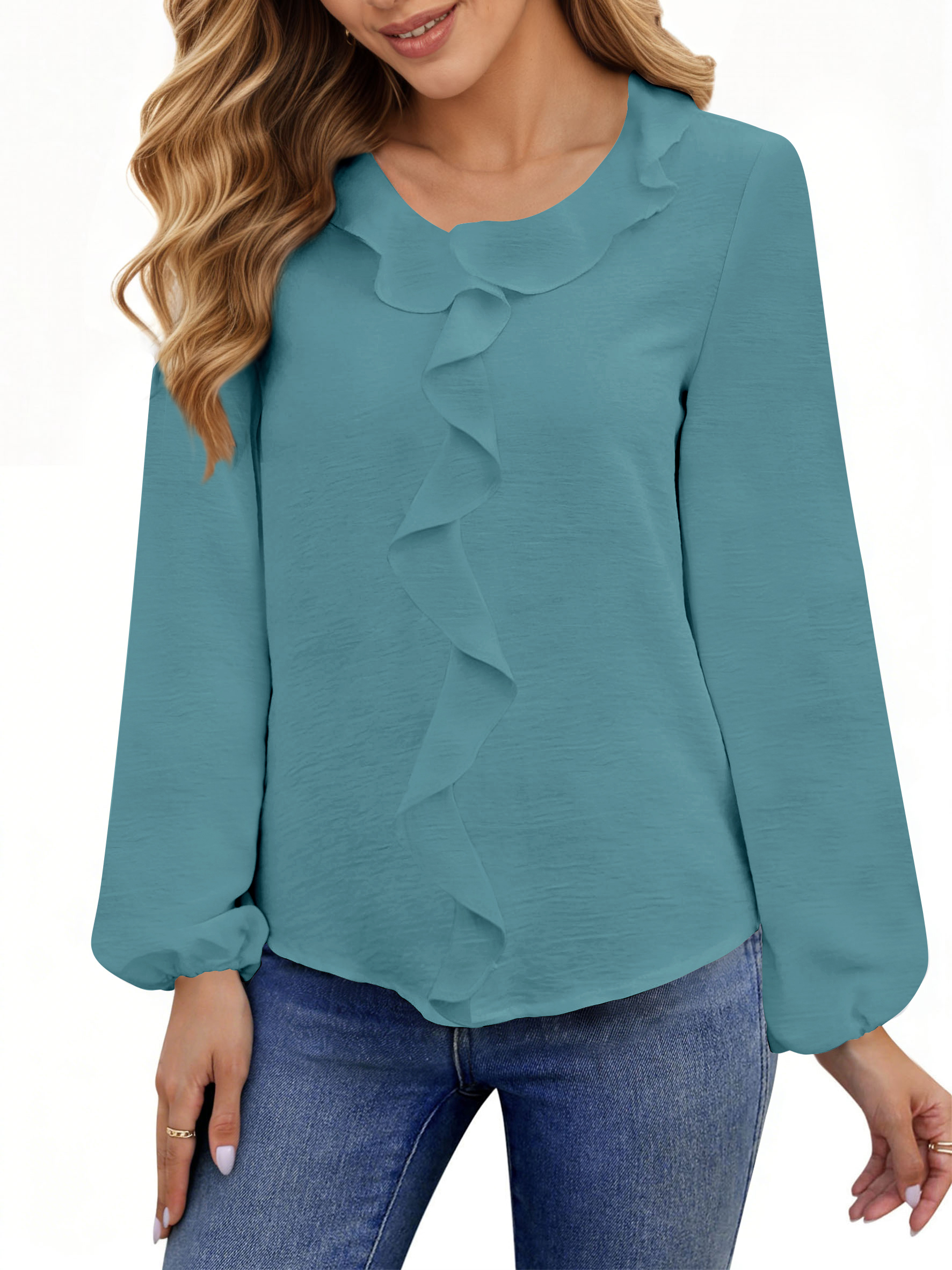 UVN Blouses for Women V Neck Long Sleeve Shirts Dressy Casual Ruffle ...