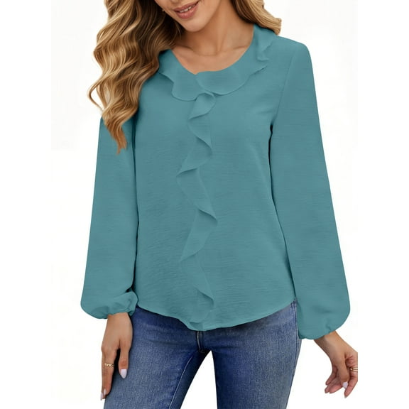 UVN Blouses for Women V Neck Long Sleeve Shirts Dressy Casual Ruffle Chiffon Tops