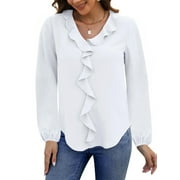 UVN Blouses for Women V Neck Long Sleeve Shirts Dressy Casual Ruffle Chiffon Tops