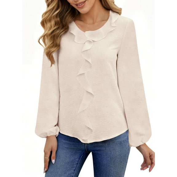 UVN Blouses for Women V Neck Long Sleeve Shirts Dressy Casual Ruffle Chiffon Tops