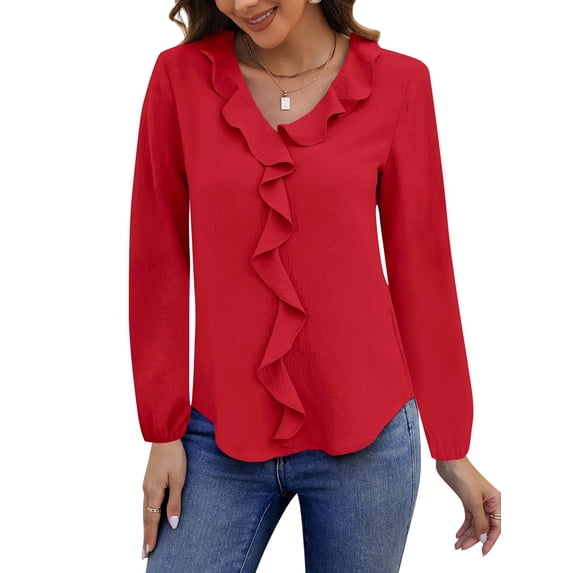 UVN Blouses for Women V Neck Long Sleeve Shirts Dressy Casual Ruffle ...