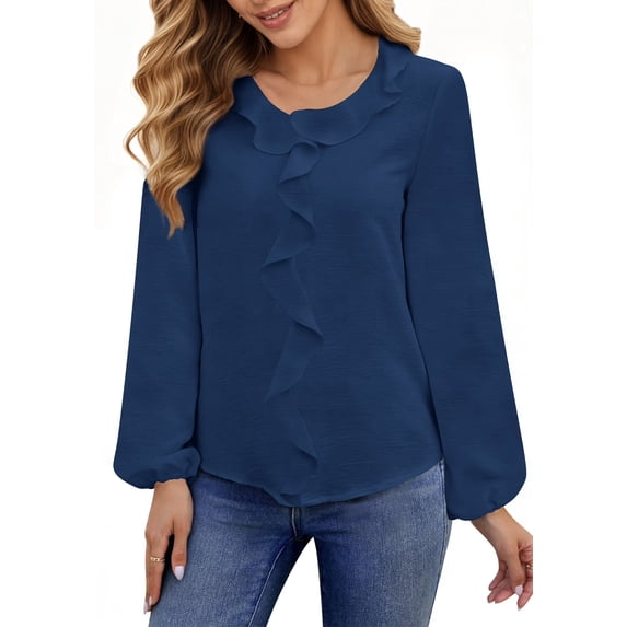 UVN Blouses for Women V Neck Long Sleeve Shirts Dressy Casual Ruffle Chiffon Tops