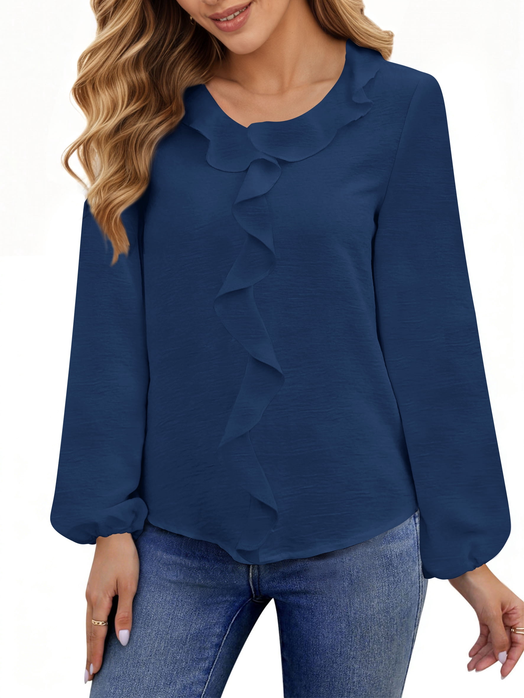 UVN Blouses for Women V Neck Long Sleeve Shirts Dressy Casual Ruffle ...