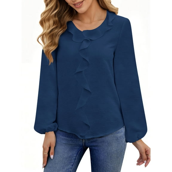 UVN Blouses for Women V Neck Long Sleeve Shirts Dressy Casual Ruffle Chiffon Tops