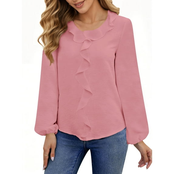 UVN Blouses for Women V Neck Long Sleeve Shirts Dressy Casual Ruffle Chiffon Tops