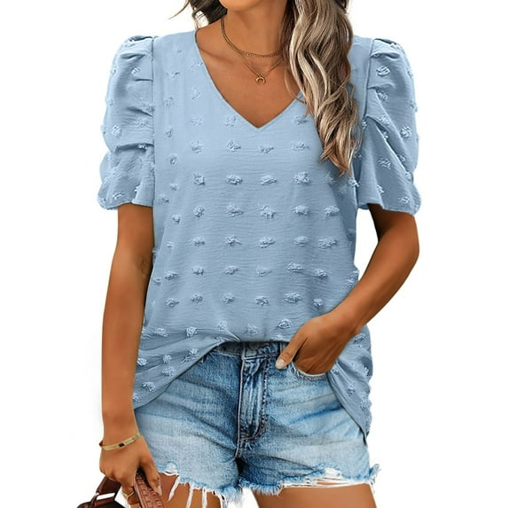 UVN Chiffon Blouse for Women Summer V Neck Shirt Casual Puff Sleeve Blouse Dressy Tops