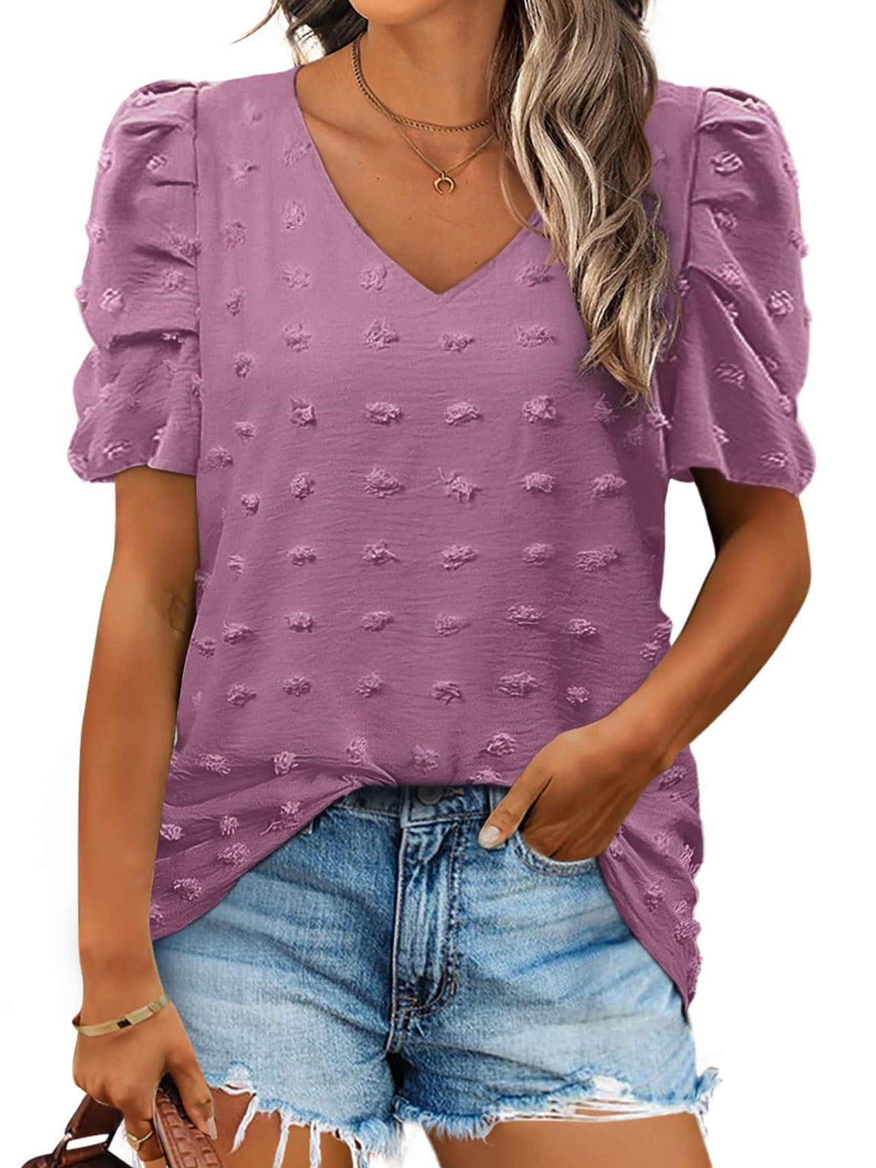 UVN Chiffon Blouse for Women Summer V Neck Shirt Casual Puff Sleeve ...