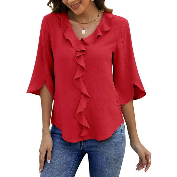 UVN Chiffon Blouses for Women Dressy Ruffle V Neck Tops Summer Casual 3/4 Sleeve Shirts