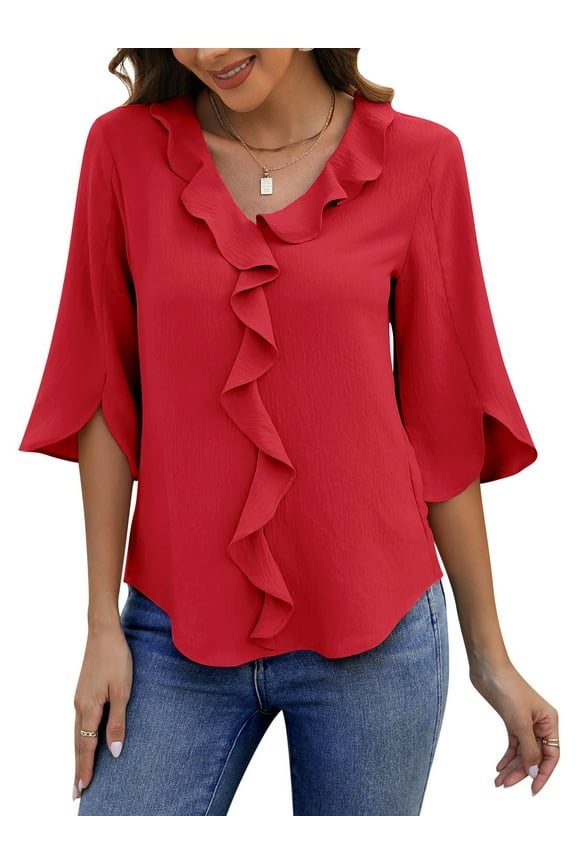 Chiffon Blouses for Women Dressy Ruffle V Neck Tops Summer Casual 3/4 Sleeve Shirts