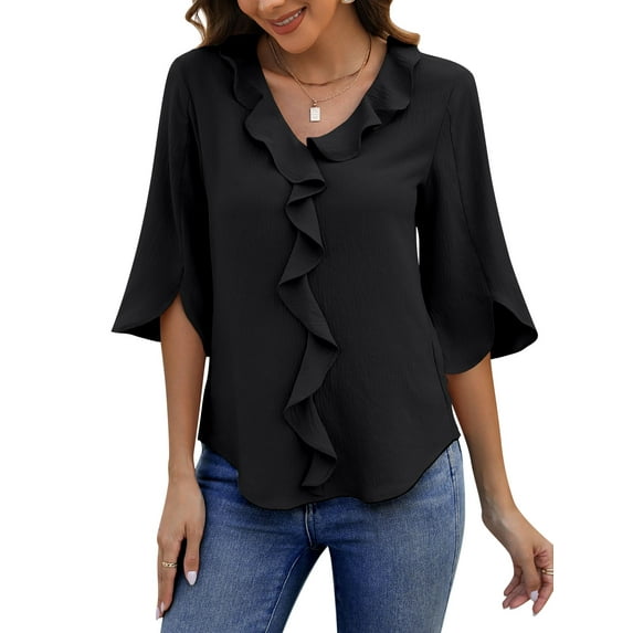 UVN Chiffon Blouses for Women Dressy Ruffle V Neck Tops Summer Casual 3/4 Sleeve Shirts