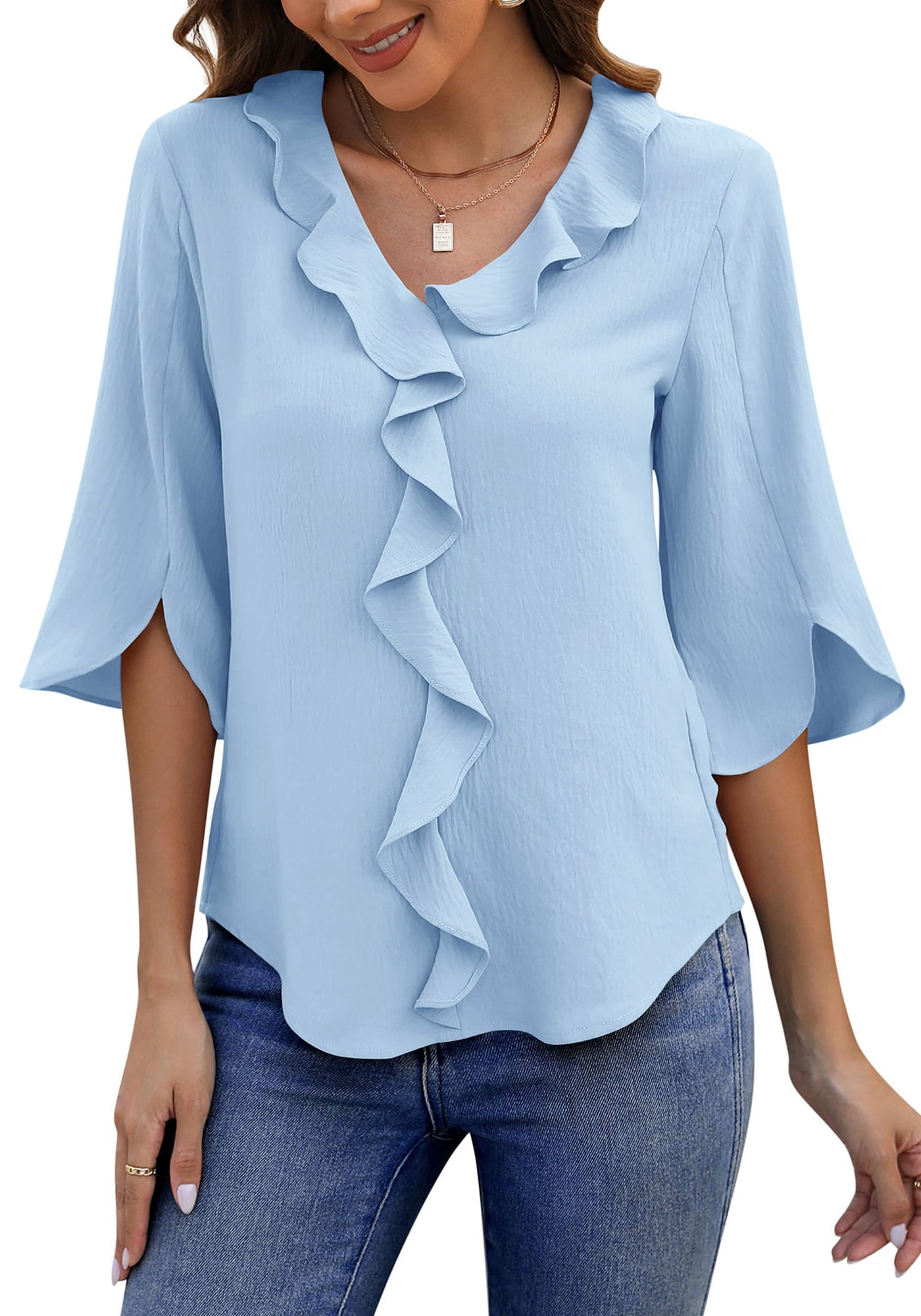UVN Chiffon Blouses for Women Dressy Ruffle V Neck Tops Summer