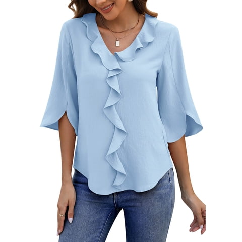 UVN Chiffon Blouses for Women Dressy Ruffle V Neck Tops Summer Casual 3/4 Sleeve Shirts