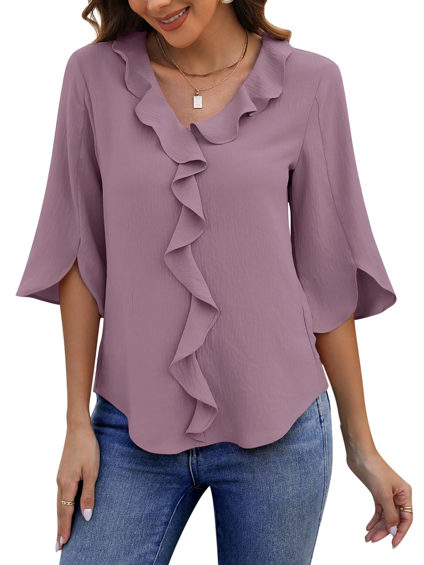 UVN Chiffon Blouses for Women Dressy Ruffle V Neck Tops Summer Casual 3 ...