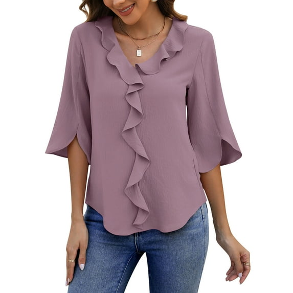 UVN Chiffon Blouses for Women Dressy Ruffle V Neck Tops Summer Casual 3/4 Sleeve Shirts