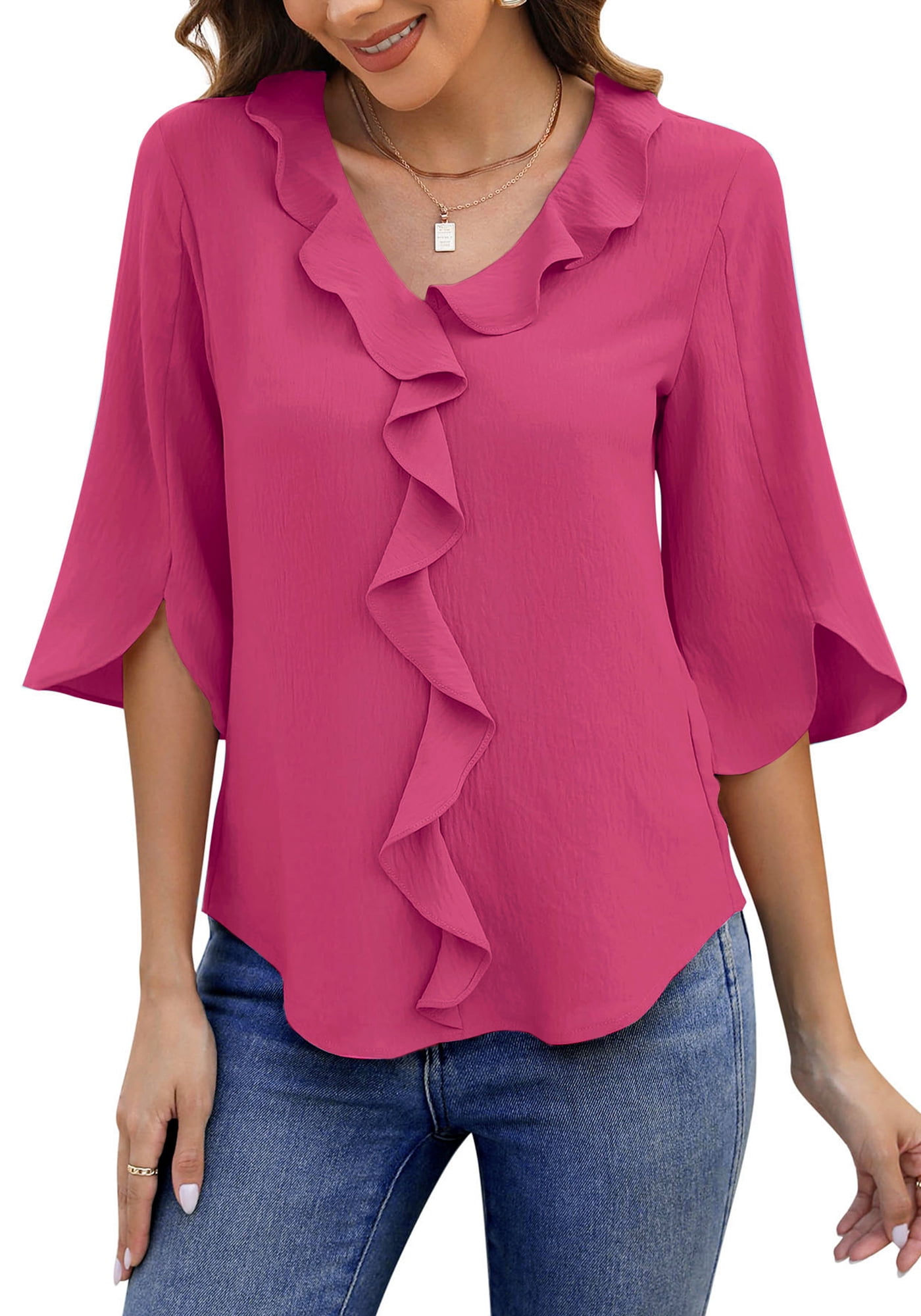 UVN Chiffon Blouses for Women Dressy Ruffle V Neck Tops Summer Casual 3 ...