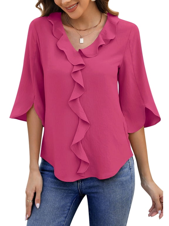 Chiffon Blouses for Women Dressy Ruffle V Neck Tops Summer Casual 3/4 Sleeve Shirts