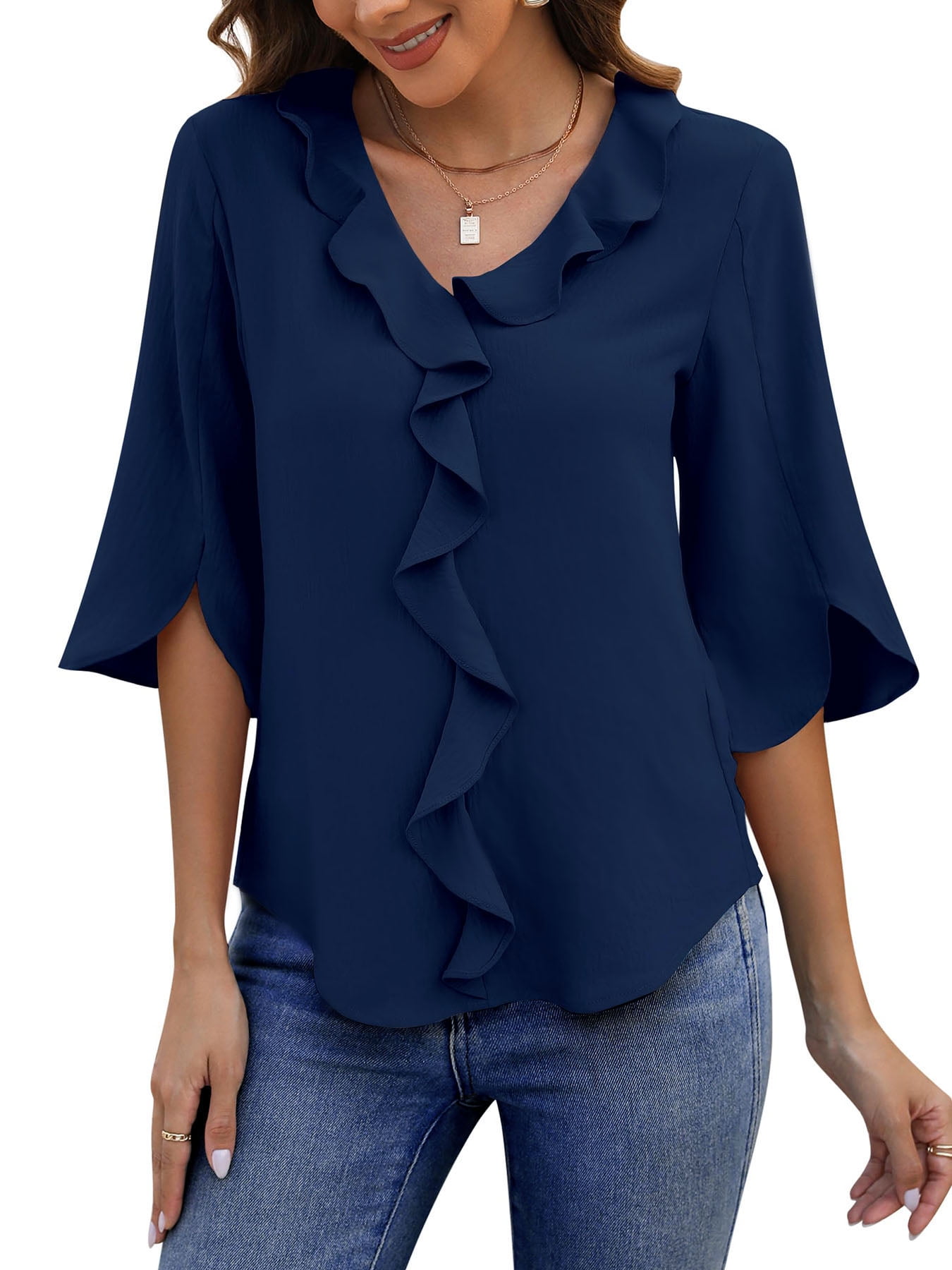Wavlynn Red Silk Chiffon Blouse With V Neck And Flare Sleeves For Women Elegant Everyday Top