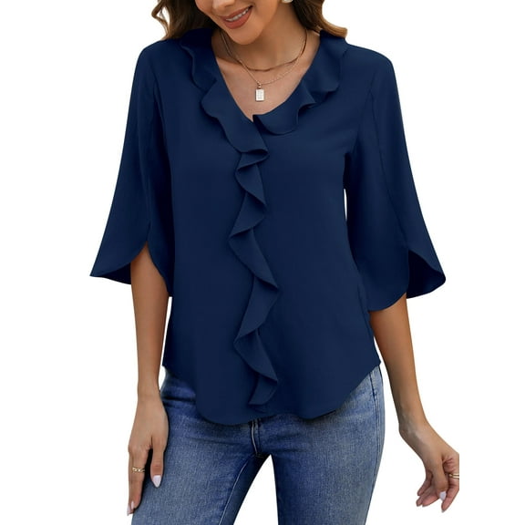 UVN Chiffon Blouses for Women Dressy Ruffle V Neck Tops Summer Casual 3/4 Sleeve Shirts