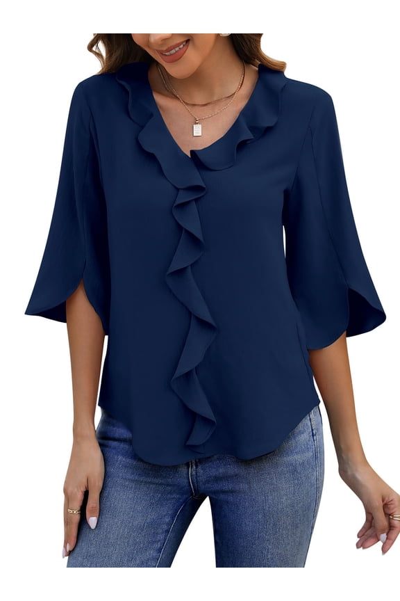 Chiffon Blouses for Women Dressy Ruffle V Neck Tops Summer Casual 3/4 Sleeve Shirts