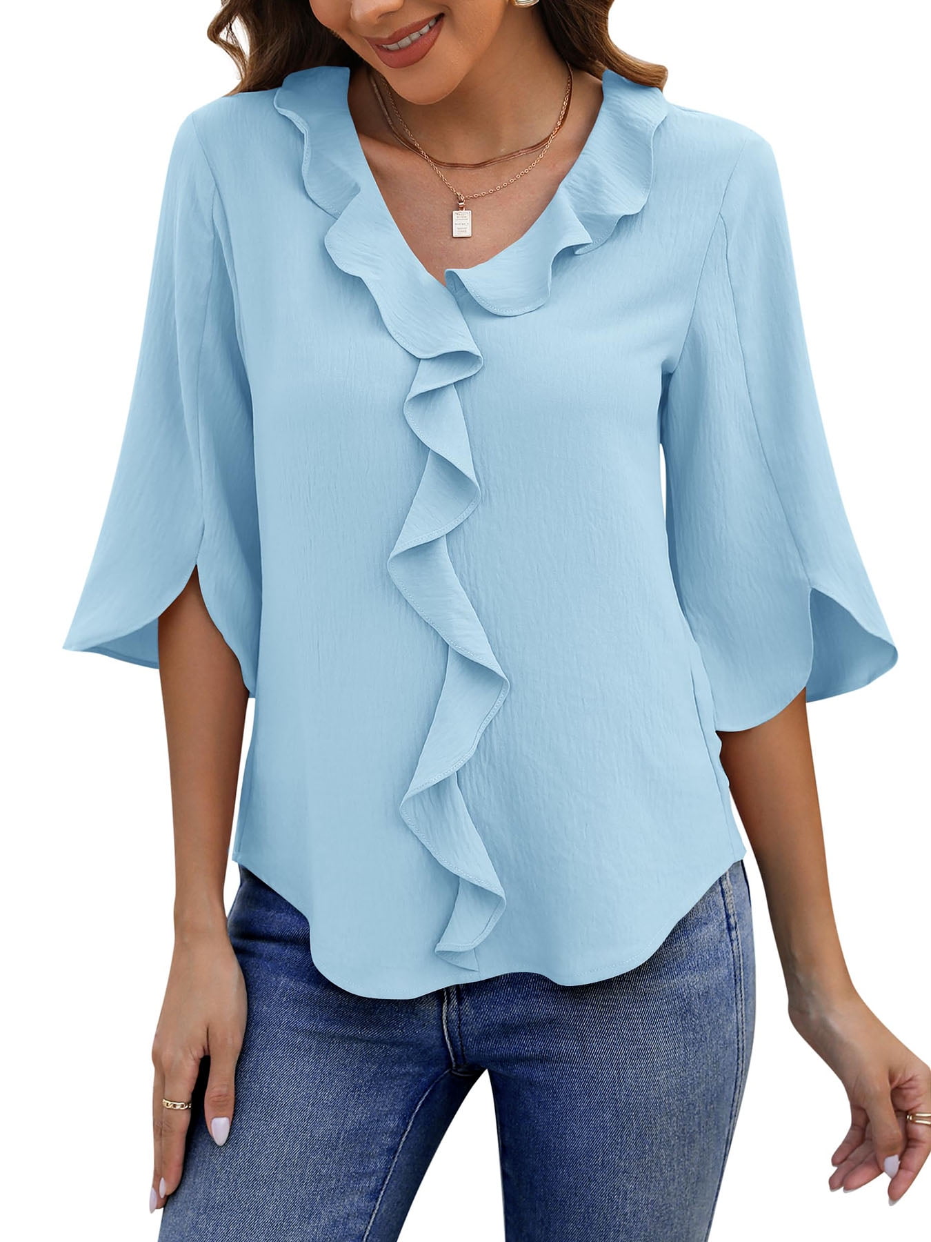 UVN Chiffon Blouses for Women Dressy Ruffle V Neck Tops Summer Casual ...