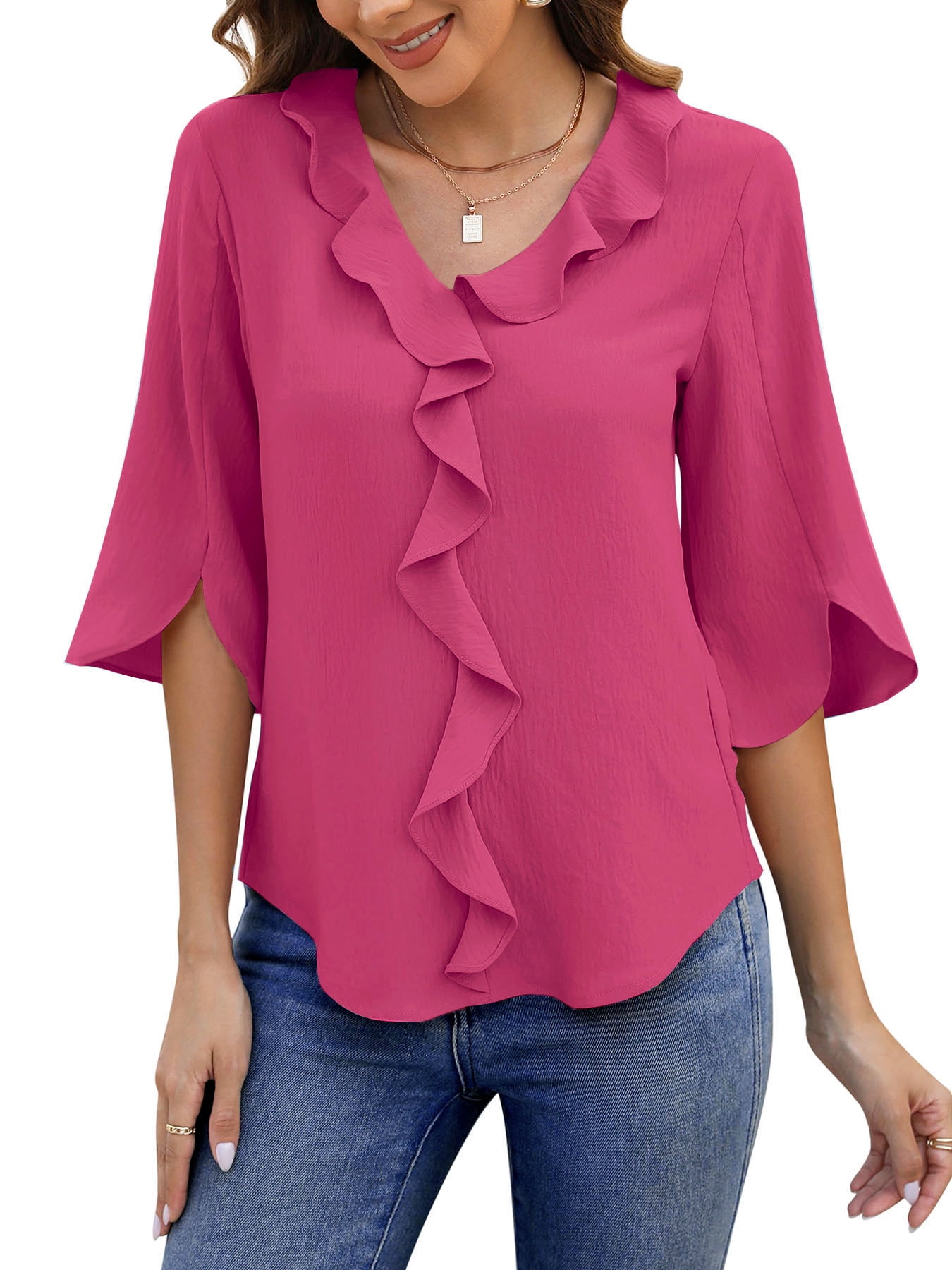 UVN Chiffon Blouses for Women Dressy Ruffle V Neck Tops Summer Casual 3 ...