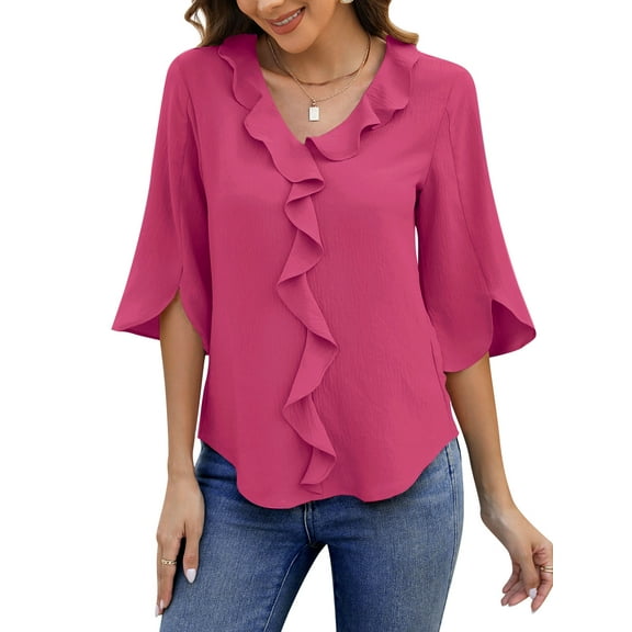 UVN Chiffon Blouses for Women Dressy Ruffle V Neck Tops Summer Casual 3/4 Sleeve Shirts
