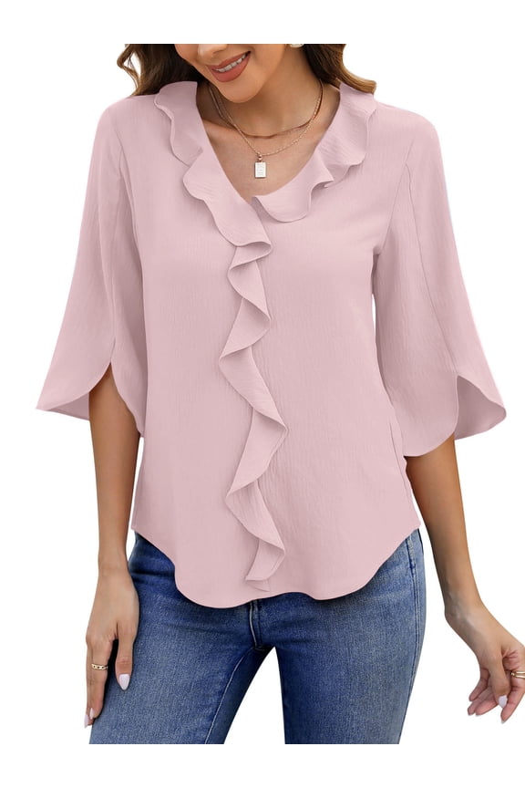 Chiffon Blouses for Women Dressy Ruffle V Neck Tops Summer Casual 3/4 Sleeve Shirts