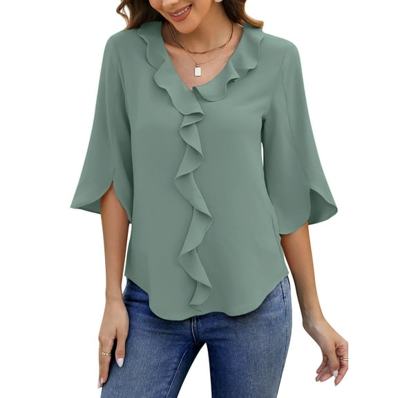 UVN Chiffon Blouses for Women Dressy Ruffle V Neck Tops Summer Casual 3/4 Sleeve Shirts