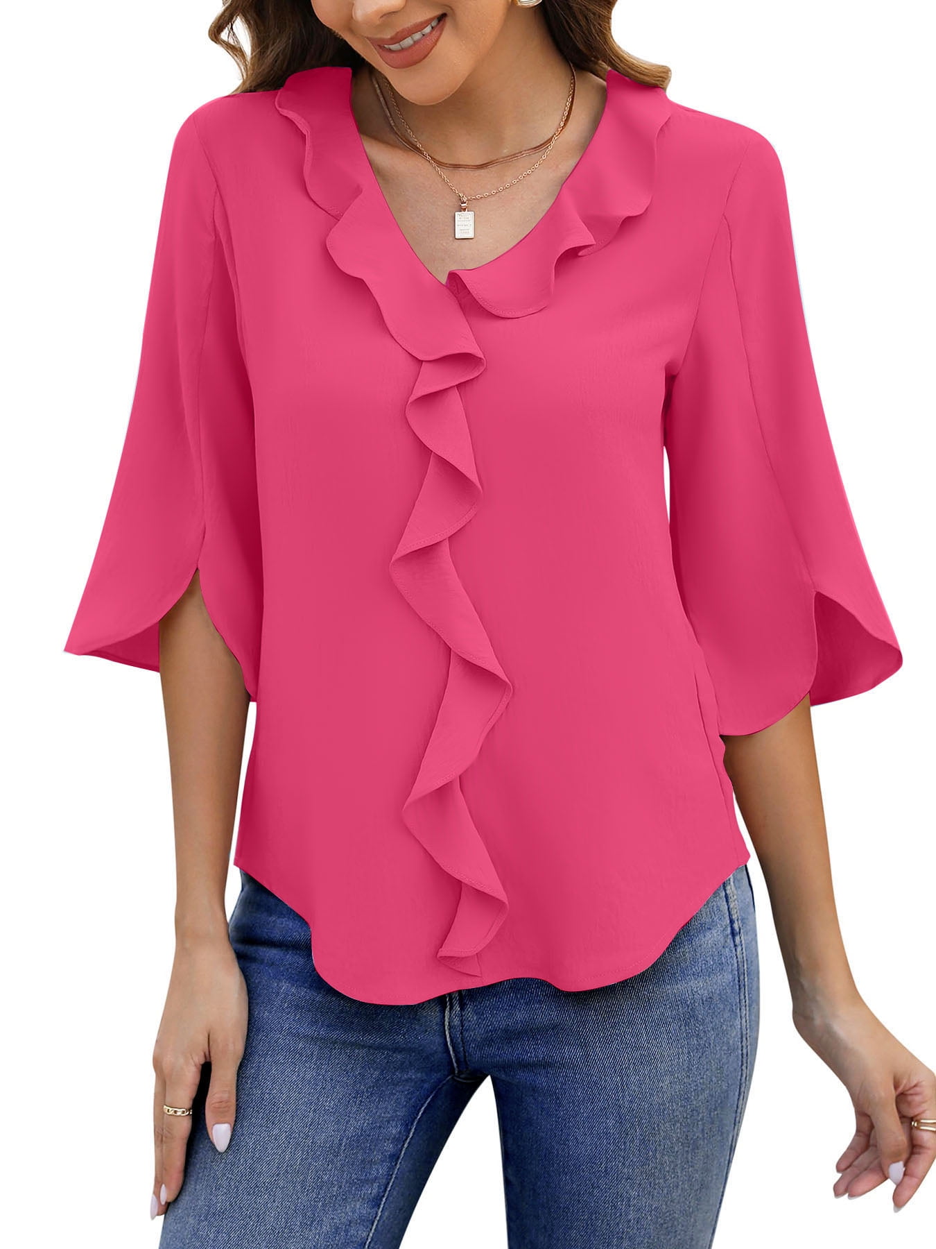 UVN Chiffon Blouses for Women Dressy Ruffle V Neck Tops Summer Casual 3 ...