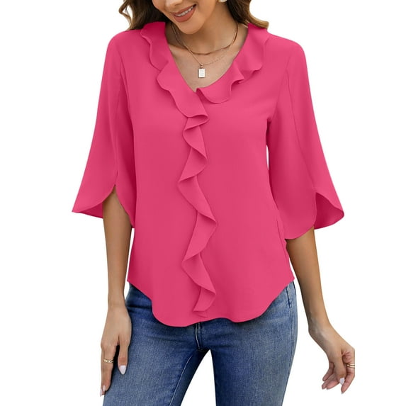 UVN Chiffon Blouses for Women Dressy Ruffle V Neck Tops Summer Casual 3/4 Sleeve Shirts