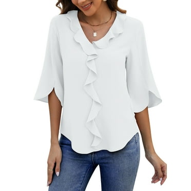 UVN Chiffon Blouses for Women Dressy Ruffle V Neck Tops Summer Casual 3/4 Sleeve Shirts